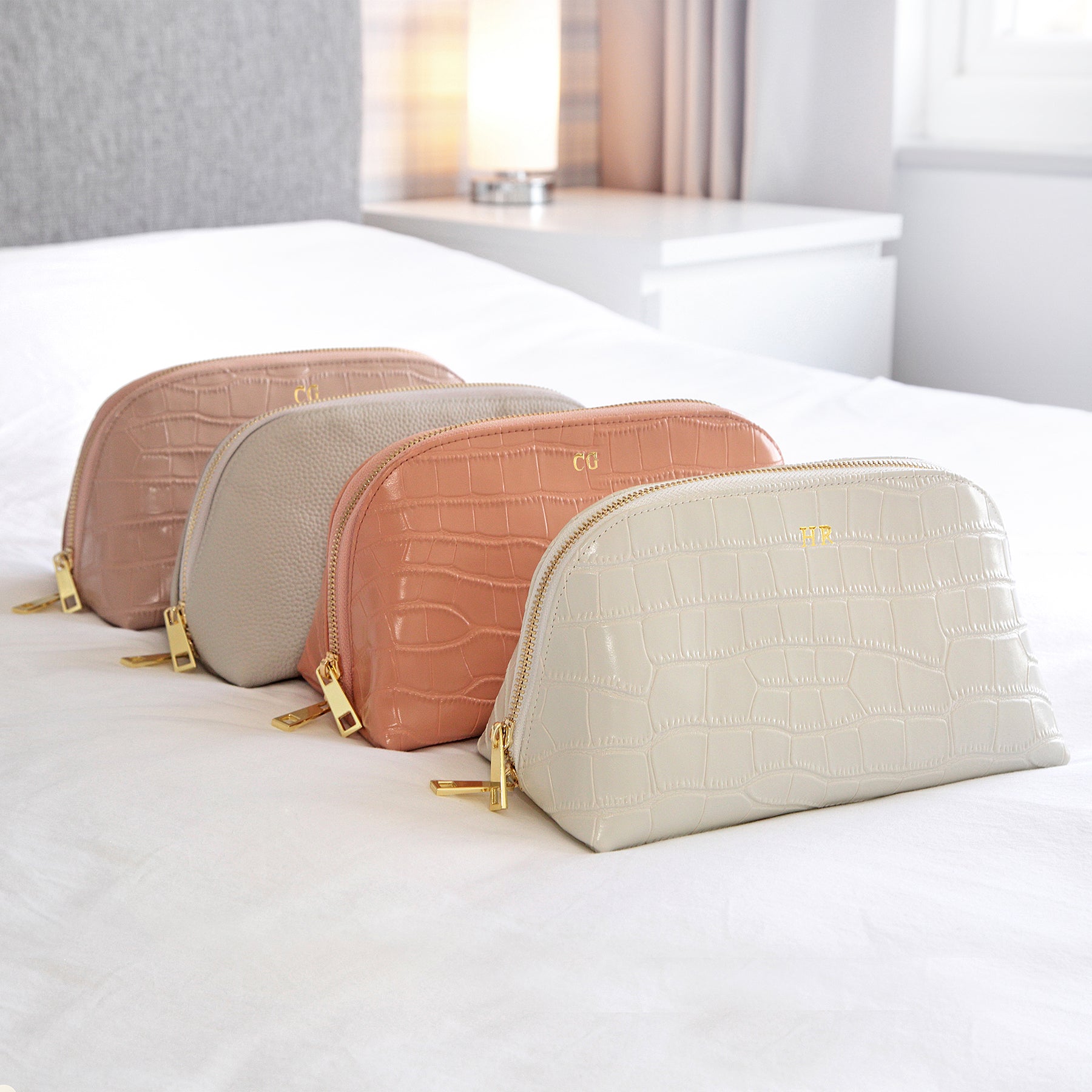 Cream Croc Leather Luxury Cosmetic Bag